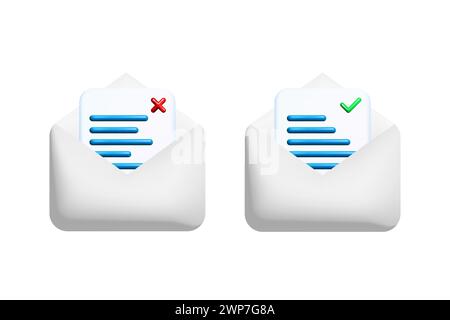 Geöffnete 3D-Briefumschläge mit Vektorgrafik für Dokumente, Häkchen und Kreuzzeichen. Vorlage für Nachrichtenbenachrichtigung. Stock Vektor