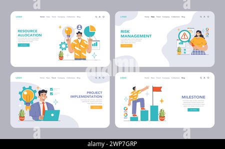 Projektmanagement-Set. Detaillierte Ausführungsphasen vom Umfang bis zur Erreichung des Meilensteins. Effizientes Team, Budgetkontrolle, Zeitpläne und Qualitätsprüfungen. Illustration des flachen Vektors Stock Vektor