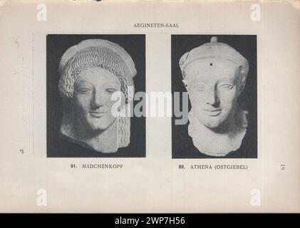 Adolf Furtwängler : Glyptothek 1907 / Illustrierter Katalog der Glyptothek König Ludwig's I. zu München / Kastner & Callwey, 1907 / illustrierter Katalog der Glyptothek von König Ludwig I in München 1907 / Aegineten-Saal - Äginetensaal / Mädchenkopf - antike Mädchenkopfbüste - antike Mädchenkopfstatue & Athena ( Ostgiebel ) - Athena - Athene - Pallas - antike griechische Göttin - antike Glyptothek Statue Stockfoto