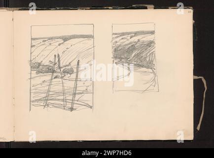 Zwei Skizzen von Ferdynand Ruszczyc aus dem Jahr 1898-1899, die eine hügelige Landschaft mit Straßenkreuzen in Bohdanów, Weißrussland und Litauen zeigen. Stockfoto