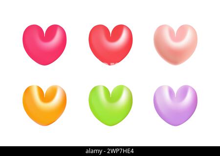 3D Heart Set Vektor Illustration Design. Rote, rosafarbene, gelbe, grüne, violette Kollektion zum Valentinstag, Romantik oder Liebes-Ikone. Stock Vektor