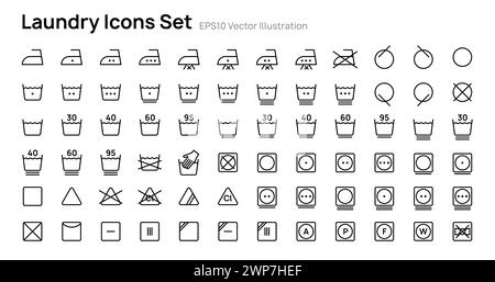 Wäschesymbole setzen Vektor-Illustration Design. Sammlung von Waschsymbolen, Bleichen, Bügeln, Trocknen. Stock Vektor