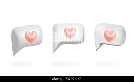 Rechteckige 3D-Bubble-Sprache mit rosafarbenem Herz-Vektor-Illustration-Design. Leerer Messenger ohne Text, Online-Chat, Webbanner, Liebesbotschaft. Stock Vektor