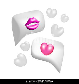 3D weiß und rosa Bubble Reden mit Herz, Lippen und Wolken Vektor Illustration Design. Valentinstag Liebe und Kuss Botschaft. Stock Vektor