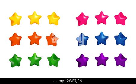 Gelb, Orange, Grün, Rosa, Blau, lila 3D Sterne Symbole Vektor Illustration Design. Symbole für Mobilgeräte, Web, App oder Bewertung festgelegt. Stock Vektor