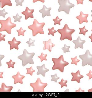 Rosafarbene und graue 3D-Sterne mit nahtlosem Muster Hintergrund. Kinderdecke oder Tapete Vektor Illustration Design. Stock Vektor