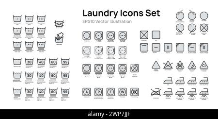 Wäschesymbole setzen Vektor-Illustration Design. Sammlung von Waschspuren, Bleichen, Bügeln, Trocknen. Stock Vektor