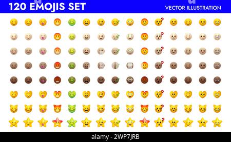 Emoji Set Vektor Illustration Design. Emoticons-Paket für Web- und mobile Anwendungen. Gesichtszeichen für Boten und Apps. Gelb und differen Stock Vektor