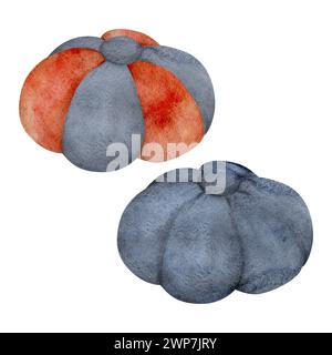 Hand gezeichnet Aquarell Illustration Nähen Handwerk Stickerei Ausbessern Zubehör. Rotes und indigoblaues Blütenpolster. Zusammensetzung isoliert auf weiß Stockfoto