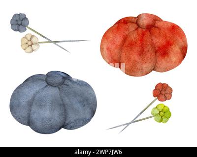 Hand gezeichnet Aquarell Illustration Nähen Handwerk Stickerei Ausbessern Zubehör. Rotes Indigo-Nadelkissen mit Blumennadeln. Zusammensetzung isoliert Stockfoto