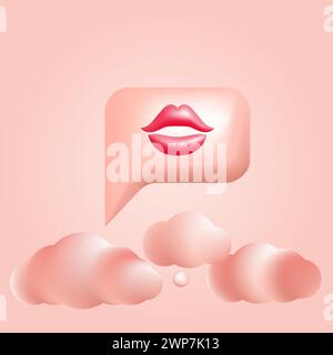 Lila 3D-Bubble-Rede mit Lippen und Wolken Vektor-Illustration Design. Webbanner, Liebesbotschaft am Valentinstag Stock Vektor