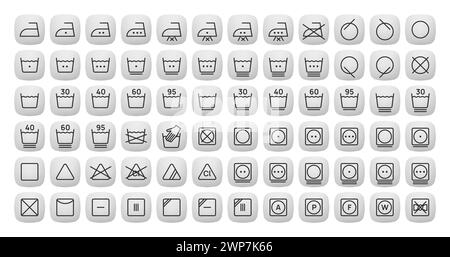 3D-Umrisse Wäschesymbole setzen Vektor-Illustration Design. Sammlung von Waschsymbolen, Bleichen, Bügeln, Trocknen. Stock Vektor