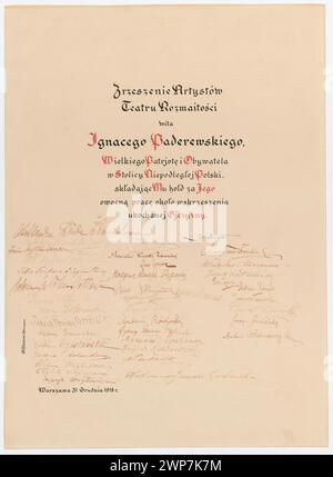 Eine Begrüßungs- und Spendenrede an Ignacy Jan Paderewski vom Verein der Künstler des verschiedenen Theaters in Warschau vom 31. Dezember 1918, Teil der Sammlung Paderewskis. Stockfoto