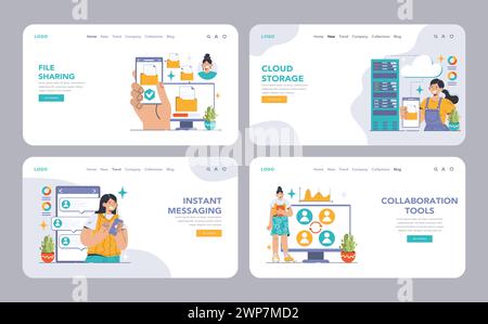 Collaboration-Tools im Internet oder Landing Set. Verschiedene Profis, die Technologie für Teamarbeit einsetzen. Videokonferenzen, Cloud-Speicher, Aufgabenverwaltung. Steigerung der Produktivität. Illustration des flachen Vektors Stock Vektor
