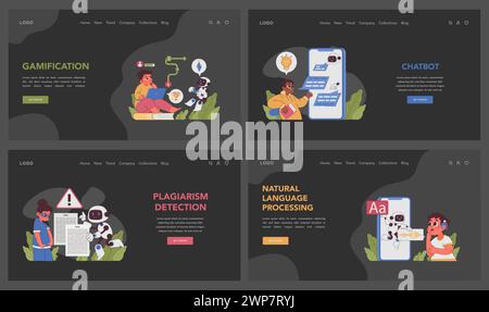 KI im Bildungsbereich. Interaktives Lernen mit Technologie. Plagiaterkennung, Testautomatisierung, Gamification für Engagement. Innovative virtuelle Erlebnisse. Illustration des flachen Vektors Stock Vektor