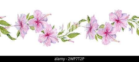 Aquarellpinke Hibiskusblüten mit grünen Blättern endlose nahtlose Grenze. Blumenmuster isoliert auf weißem Hintergrund. Hibiskus-Tee, Sirup, Kosmetik Stockfoto