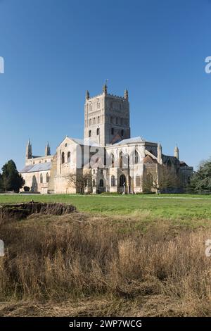 UK, Tewkesbury, Abtei, Kirche St Mary the Virgin - normannische Architektur. Stockfoto