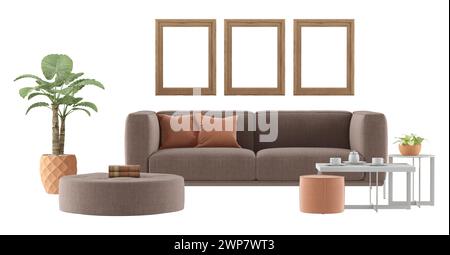 Elegantes, modernes Wohnzimmer mit gemütlichem Sofa, dekorativen Rahmen und Pflanzen im Innenbereich - 3D-Rendering Stockfoto