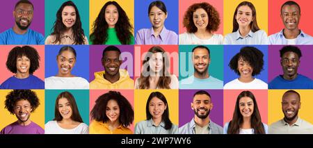 Eine Vielzahl fröhlicher Gesichter, jede Person lächelt vor einer bunten Kulisse Stockfoto