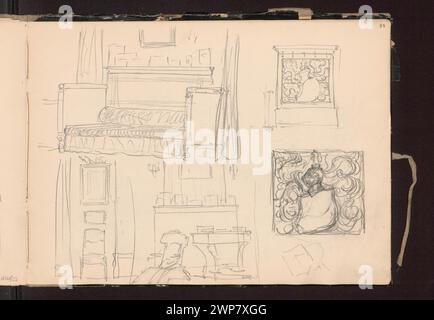 Zwei Skizzen von Ferdynand Ruszczyc aus dem Jahr 1898-1899, die ein Künstlerstudio und eine Bibliothek mit einem Sessel und dekorativen Details in Bohdanów, Weißrussland und Litauen zeigen. Stockfoto