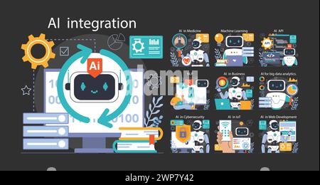 AI-Integration im Dunkeln- oder Nachtmodus eingestellt. Künstliche Intelligenz , neuronale Netzunterstützung und Robotisierung des Lebens. Selbstlernendes Computersystem, das Big Data verarbeitet. Illustration des flachen Vektors Stock Vektor