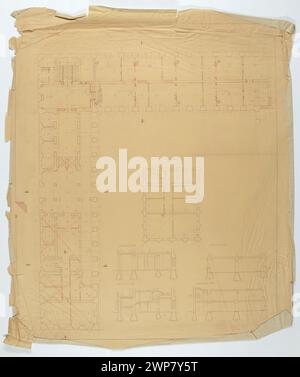Exekutivplan des linken Flügelkellers und des Zwischengeschosses des Armeemuseums im Nationalmuseum in Warschau, erstellt von Tadeusz (1887–1951) 1927. Enthält horizontale Projektionen und Querschnitte ab, CD, GH, EF. Stockfoto