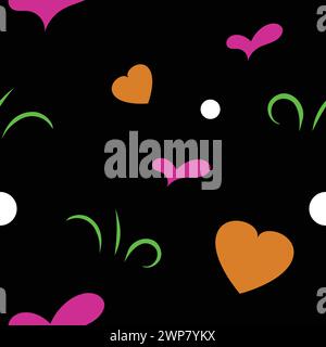 Endloses Muster für Textilien. Nahtloses Muster mit orangefarbenen und rosafarbenen Herzen auf schwarzem Hintergrund. Trendige Farbhintergründe. Stock Vektor
