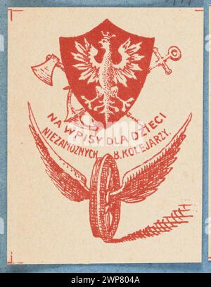 Ein gedrucktes Etui aus dem Jahr 1913-1921, das polnische Embleme, Anker- und Axtsymbole, Eisenbahnikonographie und Texte über Eisenbahnfahrer und Kinder zeigt. Stockfoto