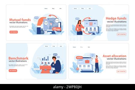 Finanzkonzepte festgelegt. Untersuchung von Investmentfonds, interaktive Benchmark-Analysen, Navigation in Hedgefonds und strategische Asset Allocation. Interaktion mit Investitionstools. Illustration des flachen Vektors Stock Vektor