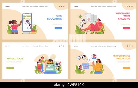 KI im Bildungsbereich. Interaktives Lernen mit Technologie. Plagiaterkennung, Testautomatisierung, Gamification für Engagement. Innovative virtuelle Erlebnisse. Illustration des flachen Vektors Stock Vektor