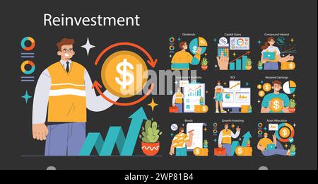 Reinvestition für Dunkelheit oder Nachtmodus eingestellt. Profis, die finanzielles Wachstum steuern, Dividenden zu Zinseszinsen. Portfoliomanagement, Ermittlung von Kapitalerträgen. Illustration des flachen Vektors. Stock Vektor