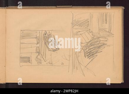 Zwei Skizzen von Ferdynand Ruszczyc aus dem Jahr 1900-1910, die das Wandmotiv vor dem Hof auf dem Gutshof Bohdanów, Weißrussland und Litauen darstellen und sich auf architektonische Details konzentrieren. Stockfoto