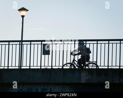 Die Donnington Bridge überquert die Themse stromaufwärts von Oxford. Hier schauen wir vom Thames-Pfad, der unten verläuft, nach oben, um einen Radfahrer zu sehen Stockfoto