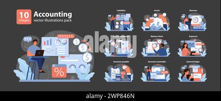 Buchungsset. Fachleute, die in Finanzbereichen navigieren. Einblicke in Verbindlichkeiten, Anlagen und Umsatz. Explorationen zu Bilanz, Aufwand und Hauptbuch. Illustration des flachen Vektors. Stock Vektor