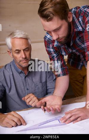 Ingenieurskunst, Zusammenarbeit und Architekten mit Blueprint im Büro für Gebäude, Bau oder Reparaturen.Team-, Design- und Industrielehrer Stockfoto