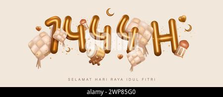 Übersetzung : Happy Eid al Fitr. Goldener Ballon 3D 1445 für Eid Mubarak Poster Design mit Feuerwerk und Green Box Geschenk in grünem isoliertem Hintergrund Stock Vektor