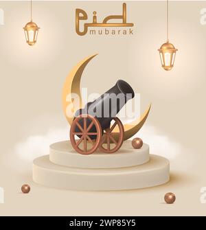 EID Mubarak Design Poster mit realistischer 3D Kanonen Vektor Illustration. Stock Vektor