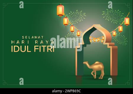 Übersetzung : Happy Eid Mubarak. EID-Design mit realistischer 3D-Goldener Moschee und Twiligh Sky und Feuerwerk. Stock Vektor