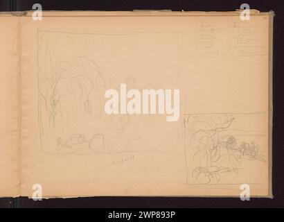 Zwei Skizzen von Ferdynand Ruszczyc aus dem Jahr 1901, die ein Erntefest und Spaß auf einer Berghöhe zeigen, einschließlich Randnoten, die Teil der Partage Plus-Sammlung sind. Stockfoto