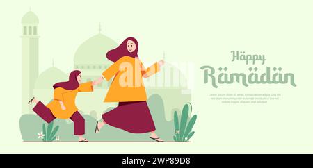 Glücklicher ramadan, Familie geht zur Moschee, um eine Illustration zu beten Stock Vektor