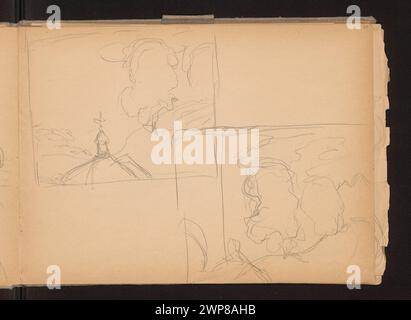 Zwei Skizzen von Ferdynand Ruszczyc aus dem Jahr 1904, die die Kirche vor einem Landschaftshintergrund mit zusätzlichen Landschaftsskizzen mit Bäumen auf der Rückseite zeigen. Stockfoto