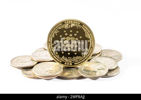 Eine goldene Ada Cardano Kryptowährungsmünze, umgeben von US-Dollar-Münzen Stockfoto