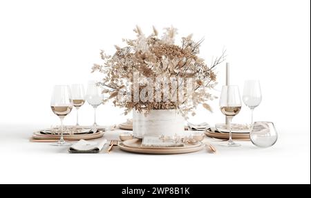 Ein 3D-Rendering einer Tischeinstellung mit getrockneten Blumen in einer Vase, Tellern, Gläsern und Servietten Stockfoto