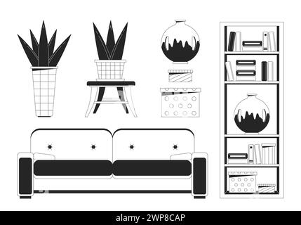 Wohnzimmermöbel schwarz-weiß 2D-Linie Zeichentrickobjekte Set Stock Vektor