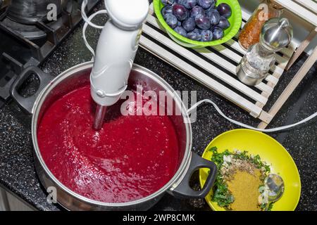 Eine Pfanne mit Pflaumenpüree, mit einem Mixer und Gewürzen für die Zubereitung von tkemali-Sauce, Blick von oben. Stockfoto