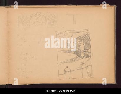 Zwei Skizzen von Ferdynand Ruszczyc aus dem Jahr 1900-1904, die ein Triptychon über das Leben und eine Abendszene in Wilejka darstellen, die Bäume, Apfelbäume, Notizen und Berechnungen zeigt. Teil der Partage Plus Kollektion. Stockfoto