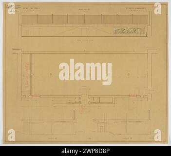 Exekutivplan des Armeemuseums im Nationalmuseum in Warschau mit dem linken Keller und der Kanonenhalle, mit Fassadendekorationsskizzen, horizontaler Projektion und Querschnitten ab und CD, erstellt von Tadeusz zwischen 1927 und 1933 im Maßstab 1:100. Stockfoto