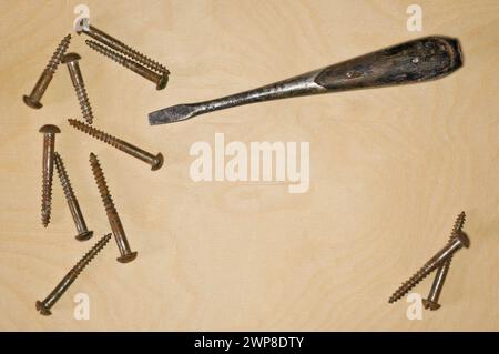 Die Schrauben und ein Schraubendreher auf einem Holzbrett Stockfoto