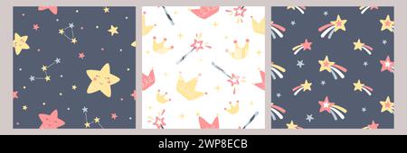 Nahtloses Böhmisches Baby-Muster. Handgezeichnetes Boho-Kinderzimmer-Design mit niedlichen lächelnden Sternen, Kometen, Sternenhimmel und Prinzessinnen-Kronen für Kinder-Schlafzimmer im skandinavischen Stil. Kindliche Wandbilder. Stock Vektor