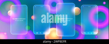 Glassmorphismus-Handy-Mockup. Set aus transparenten Glasplatten mit mobiler App-benutzeroberfläche. Mattes, leeres Digitalgerät mit mattem, mattem Bildschirm mit farbenfrohen, abstrakten Formen, die auf dem Hintergrund schweben. Stock Vektor